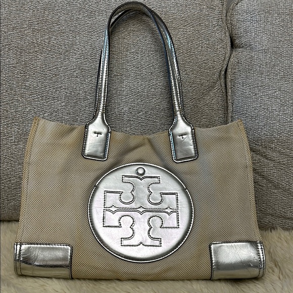 Tory Burch Beige Tote Bag with Metallic Silver Accents and Logo - Picture 1 of 9